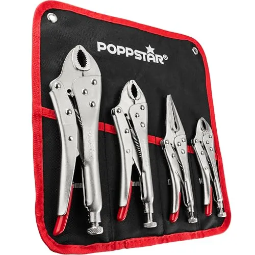 Poppstar Gripzangenset mit 4 Zangen und Tasche - 4-teiliges Gripzangen-Set mit ergonomischen Griffen, ideal für Schweiß- und Montagearbeiten. Inklusive praktischer Aufbewahrungstasche für Ordnung und Mobilität.