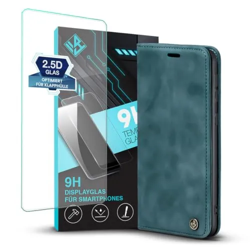 LBH Handyhülle für Samsung Galaxy A6 2018 in Petrol Blau mit Displayglas Karten- und Geldfach Smartphone Hülle mit Standfunktion Flip Case Schutzhülle Magnetverschluss Vintage