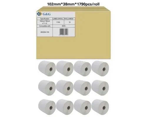 G&G Etiketten Rolle 102 x 38mm Papier Weiß 12 Rollen Permanent haftend RL-P-S2011-102*38*1790-BK/WT Universal-Etiketten