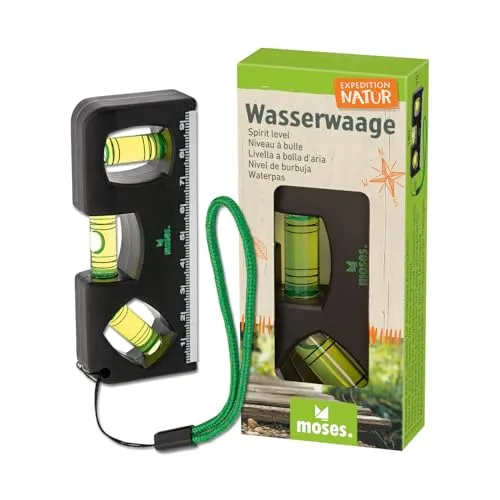 moses. Expedition Natur Kinder-Wasserwaage, Outdoor Wasserwaage mit Magnet, Lineal und Trageband, Robustes DIY- & Outdoor-Werkzeug für kleine Entdecker, Schwarz-Grün