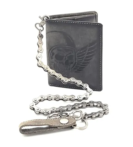 Lemasi Biker Geldbörse mit Kette – RFID-geschütztes Portemonnaie aus naturbelassenem Leder mit Totenkopf - Herren-Geldbörsen: Hochwertige Bikerbörse aus 100% echtem Leder mit RFID-Blocker für optimalen Schutz und beeindruckender Totenkopf-Prägung.