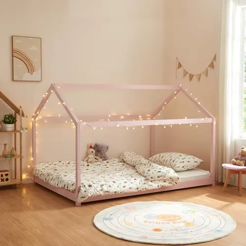 [en.casa] Kinderbett Cerro - Rosa Hausbett aus massiver Kiefer 120x200cm - Charmantes Montessori Kinderbett in Haus-Optik aus robustem Kiefernholz, ideal für ein gemütliches und sicheres Schlafumfeld im Kinderzimmer.