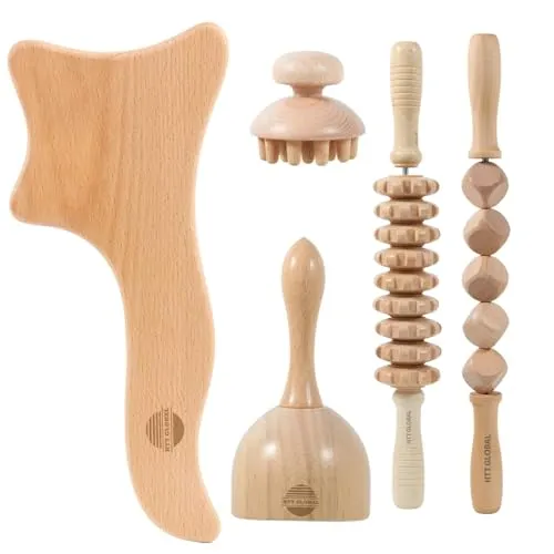 HTT GLOBAL Holztherapie-Massagewerkzeuge für Körperkonturierung und -formung (5 Stück), Maderotherapie-Set mit Lymphdrainage-Massagegerät, Holz-Körperformwerkzeuge, Schmerzlinderung, Holzmassagerolle