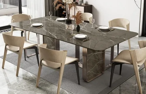 Designer Polster Luxus Esstisch 240x100 cm Marmor - Moderner Esstisch aus robustem Metall in elegantem Braun. Mit Platz für bis zu 10 Personen ideal für gesellige Abende im Esszimmer. Maße: 240 x 100 x 75 cm, ohne Montage erforderlich.