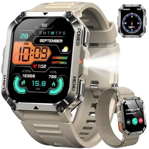 IOWODO Militär Smartwatch Herren 2,01 Zoll | LED Taschenlampe & Kompass | 900mAh/100 Tage Standby | 2 Armbänder | Bluetooth Anrufe | 100+ Sportmodi | IP68 Wasserdicht | 24/7 Gesundheitsmonitor