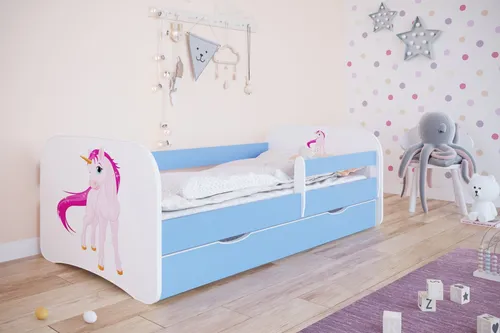 Kinderbett Jugendbett 70x140 cm Blau mit Matratze Rausfallschutz Schublade und Lattenrost Kinderbetten für Mädchen und Junge - Einhorn_2