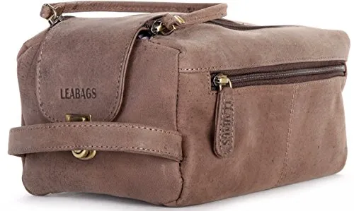 LEABAGS großer Leder Premium Kulturbeutel Damen & Herren I Kulturtasche für Männer & Frauen I Geräumige Kosmetiktasche I Wachtasche I Beauty Case I Waschbeutel I Dunkelbraun