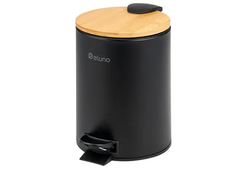eluno Kosmetikeimer 3 Liter aus Bambus und Metall - Haushaltszubehör mit elegantem Design, ideal für Badezimmer oder Büro. Der große Fuß-Pedal und Soft-Close Deckel sorgen für Komfort und Hygiene.