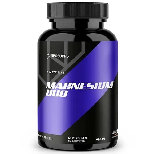 Neosupps Magnesium Duo 120 Kapseln, Bisglycinat Citrat Komplex, Hochdosiertes Nahrungsergänzungsmittel, Bioverfügbarkeit, Unterstützt Muskelkontraktion, Nervensystem und Energiestoffwechsel, Vegan