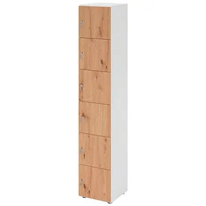 Hammerbacher Schließfachschrank 264l6 - Büroschrank mit 6 Fächern, aus Holz in Eiche/Weiß, bietet Sicherheit durch Zylinderschloss und ist ideal für die Aufbewahrung von persönlichen Gegenständen.