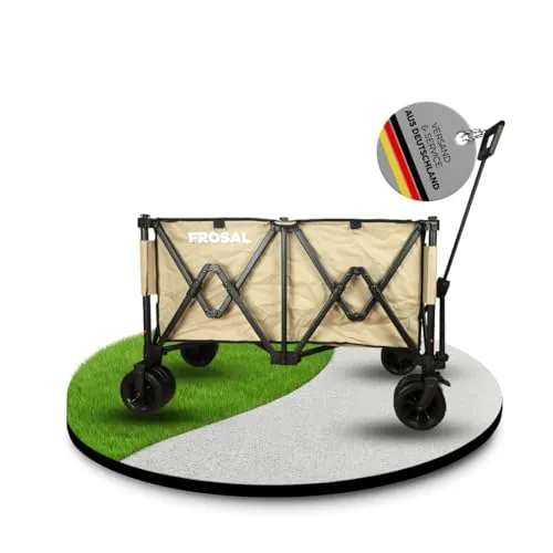 FROSAL Faltbarer Bollerwagen Anton XXL – Beige - Handwagen mit XXL Innenraum für Camping, Picknick oder Einkäufe. Robuste PU-Schaum-Räder garantieren eine stabile Fahrt, während das leichte Design und das kleine Packmaß den Transport erleichtern.