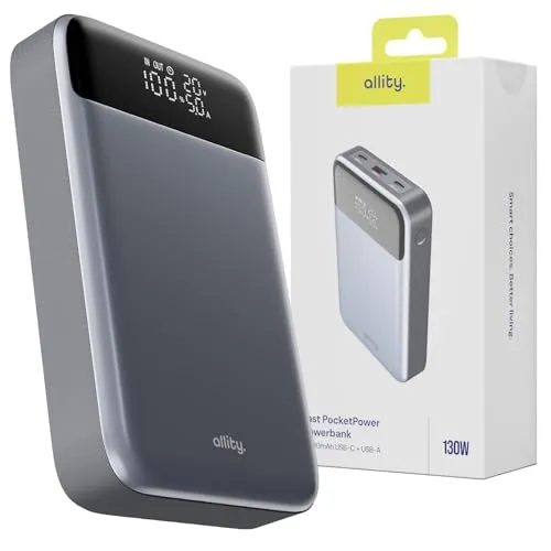 Allity Powerbank für Laptop APB-200 PD QC 130W 20000 mAh grau - Externe Handyakkus mit 130W Leistung für schnelles Aufladen von Laptops und Smartphones. Kompaktes Design mit 20000 mAh für mehrfaches Laden unterwegs.