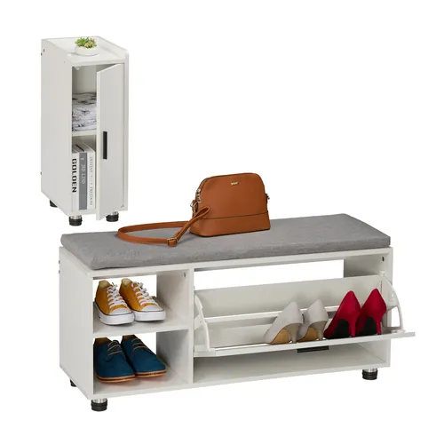 relaxdays Schuhbank mit Sitzfläche & Schrank Set, Weiß-Grau - Drohnen Zubehör: Praktische Schuhbank mit Klappfach für bis zu 6 Paar Schuhe, ideal für Flur oder Diele, bietet bequemen Sitzkomfort und platzsparende Organisation.
