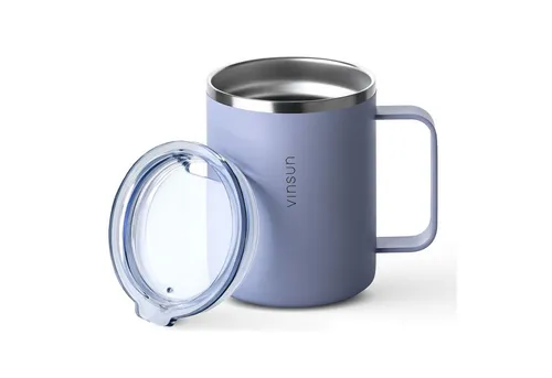 Vinsun Thermobecher Edelstahl Isolierbecher 350ml - Kaffeebecher mit Henkel und Deckel, 2-tlg., Edelstahl, Doppelwandig isoliert, BPA frei, bruchfest, Kalt- und Heißgetränke