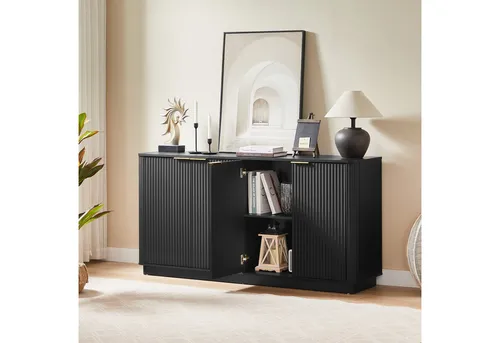 Modfu Sideboard, Schwarz, 160x80x40 cm – Elegantes Stauraummöbel für Ihr Zuhause - Stylisches Sideboard in tiefschwarz mit goldfarbenen Akzenten und durchdachtem Stauraum. Ideal für Wohn-, Ess- oder Schlafbereich. Pflegeleichte Oberfläche und sichere Montage mit Kippschutz-Set.