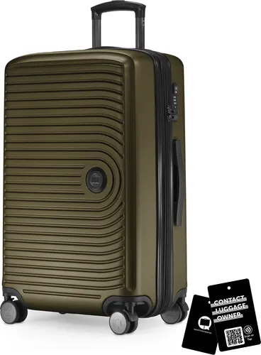 Mitte - mittelgroßer Koffer + digitaler Namensschild, erweiterbarer Reisekoffer Check-In Gepäck Rollkoffer 90L Gurtmaß 158 cm Doppelrollen Trolley TSA,Avocado