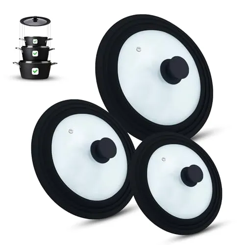 Universal Glasdeckel 3er Set, Schwarz - Zubehör für Töpfe & Pfannen – Mit hitzebeständigem Silikonrand und Auslassventil für sicheres Sichtkochen und Überlaufvermeidung.