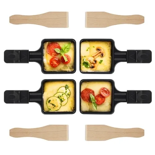 Hisdricus 4 Stück Raclette Pfännchen Set, Pfannen Ersatz für Raclette Grill Zubehör, Antihaft-Beschichtung Mit 4 Holz Schaber für Käse, Eier