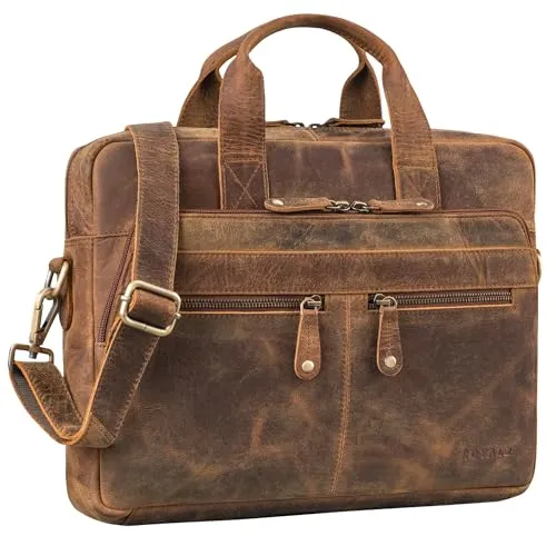 ROYALZ 'Lexington' Leder Aktentasche Herren & Damen Arbeitstasche Mittel-Groß Laptoptasche 13-14.5 Zoll zum Umhängen - Vintage Ledertasche aus echtem Büffel-Leder, Farbe:Nevada braun