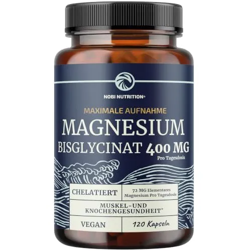 Magnesium Bisglycinat 400 mg | Unterstützung von Muskeln Knochen Herz Nerven & Schlaf | Chelatiertes Magnesiumbisglycinat Hochdosiert | Premium Magnesium Glycinate | 120 Vegan Kapseln 2 Monatsvorrat