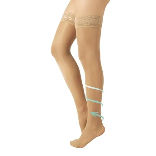 CALZITALY Schenkelstrümpfe mit Abgestufter Kompression | Stützstrümpfe Mittlerer Kompression 10-14 mm/Hg | Schwarz, Hautfarbe | S, M, L, XL | 70 DEN | Made in Italy (L, Beige)