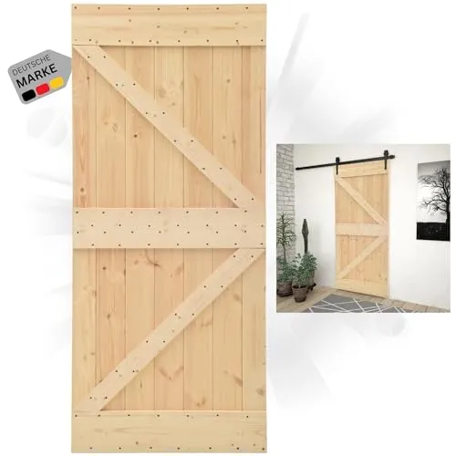 DELUKE® Schiebetür Holz KEOR rustikal Braun | 100x210cm, Kiefernholz Tür | ohne Beschlag | Holzschiebetür Scheunentür Schiebetüren Holztür Schiebetürsystem Zimmertür Innentür