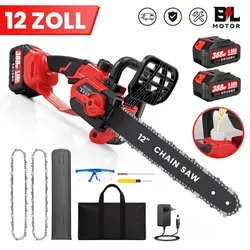 Akku Kettensäge 12 Zoll mit 2 Akkus – Leistungsstarke Brushless Motorsäge - Die 12 Zoll Akku Kettensäge überzeugt mit einem kraftvollen Brushless-Motor und zwei leistungsstarken Akkus. Ideal für präzise Schnitte im Garten oder beim Baumschnitt. Handlich und effizient!