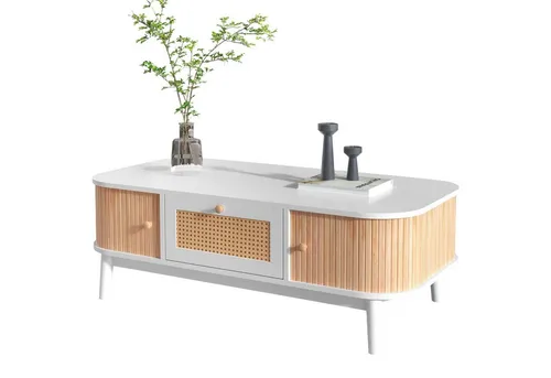 OKWISH Couchtisch Rattan-Couchtisch aus Massivholz mit Stauraum (Rattan-Kaffeetisch, Schubladen mit Rattan und Schiebetüren mit Massivholzlatten), Massivholzbeine, Natürlicher Landhausstil.