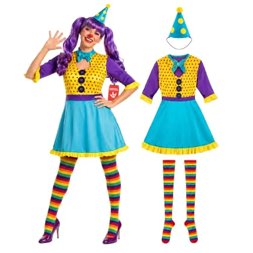 Fun Shack Zirkus Kostüm Damen, Clown Halloween Kostüm Damen, L | Kleid, Socken & Hut, Bunter Clown-Look in Blau, Zum Überziehen, Perfekt für Halloween, Ideal zum Verkleiden