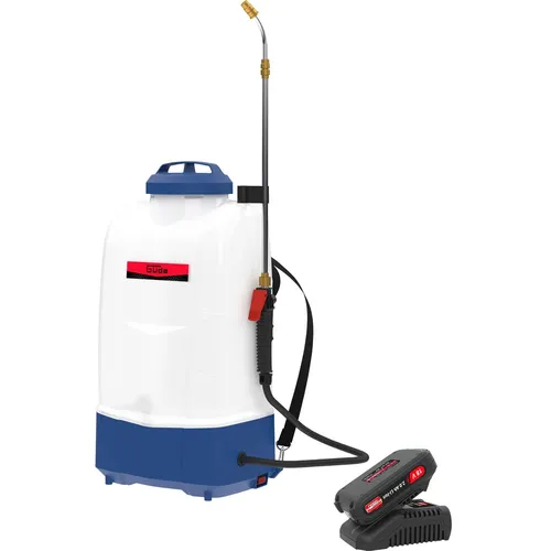Güde Akku Rückensprühgerät SG 18-201-23 R - Gartenspinklergerät mit 15 l Tank und teleskopierbarer Spritzlanze für präzises Sprühen, inkl. Akku und Schnellladegerät für müheloses Arbeiten ohne manuelles Pumpen.