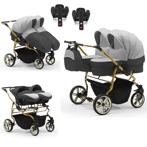 Zwillingskinderwagen 5 in 1 Duet Lux Goldedition inkl. Autositze und Iso Bases - 14 Teile - in 20 Farben