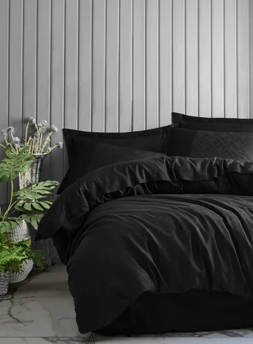 Satin Doppelbettwäsche Set 100% Baumwollsatin Schwarz - Hochwertiges Bettwäsche-Set in Schwarz aus 100% Baumwollsatin, maschinenwaschbar bei 30 °C. Ideal für einen eleganten Schlafbereich mit optimalem Komfort.