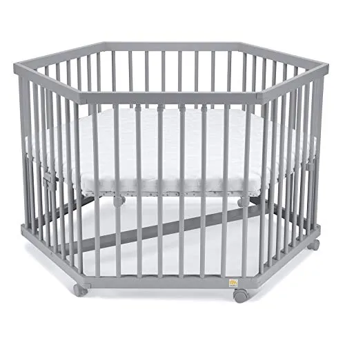 FabiMax Laufgitter 6-eckig mit Matratze CLASSIC - Laufgitter & -ställe aus massivem Buche, höhenverstellbar und mit 6 Parkettrollen für optimale Mobilität. Inklusive hochwertiger Matratze mit abnehmbarem Bezug für höchsten Komfort.