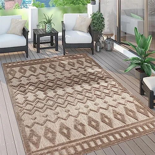 Paco Home Outdoor Teppich wetterfest & langlebig Moderne Boho-Designs mit 3D-Effekt Skandi-Look UV-beständig & robust für Balkon, Garten, Wohnzimmer & Küche, Grösse:60x100 cm, Farbe:Beige