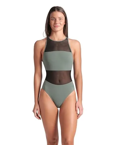 Arena Feel Damen-Badeanzug mit Mesh-Einsätzen, Salbeigrün - Eleganter Damen-Badeanzug mit atmungsaktiven Mesh-Einsätzen für perfekten Tragekomfort. Ideal für Schwimmen, Freizeit und Urlaub. Chlorbeständig und schnell trocknend.