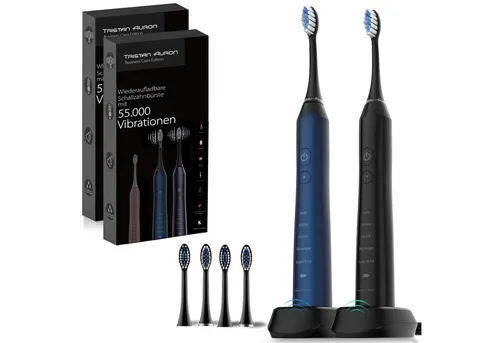 Tristan Auron Elektrische Zahnbürste Elektrische Zahnbürste Doppelpack 55000 VPM 60 Tage Akku 5 Modis IPX7, Aufsteckbürsten: 4 St., 2 Min Timer, 5 Modis, IPX7 Wasserdicht, 55 000 VPM, extrem leise <65db