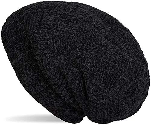 styleBREAKER Unisex Chenille Beanie Mütze mit Flecht Muster und Fleece Futter, Winter Slouch Longbeanie 04024159, Farbe:Schwarz