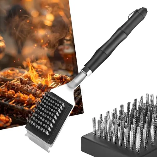 Zikenis Grillbürste mit Edelstahl Schaber, Grill Reinigungsbürste mit 2 Ersatzbürstenköpfe, Edelstahl Borsten und Extra Langer Wärmedämmung Griff, für Gussrost, Holzkohlegrill, Gasgrill, Elektrogrill