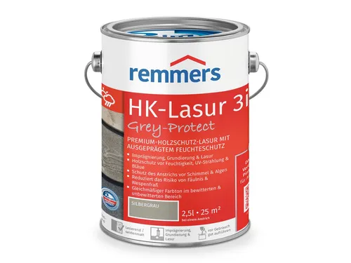 Remmers Holzschutzlasur HK-Lasur 3in1 Grey-Protect anthrazitgrau - Holzlasuren für optimalen Schutz und Pflege, 3in1 Formulierung für langanhaltenden Wetterschutz und ansprechende Optik in silbergrau (RC-970).