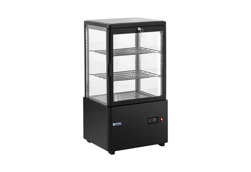Royal Catering Kühlvitrine RCCC-58-BT - 58 L, abschließbar - Kühlschränke mit 3 Ebenen, ideal für Cafés & Bistros. Präsentieren Sie Ihre Speisen appetitlich bei optimaler Temperatur von 0-12 °C und integrierter LED-Beleuchtung.