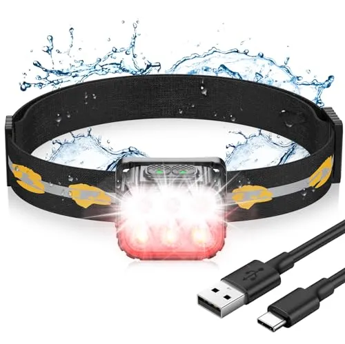 EOIWUY Stirnlampe LED Wiederaufladbar, Superhelle Kopflampe Stirnlampe Joggen mit Rotlichtwarnung, 6 Lichtmodi & 36 Stunden Laufzeit, 350LM Ultraleichte Headlamp für Camping/Radfahren/Laufen/Fischen
