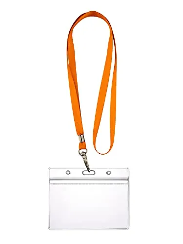 WEBBOMB Ausweishülle ZIP Kartenhalter flexibel horizontal wasserdicht für 1-2 Ausweise und Karten Namensschilder ID-Card Schutzhülle 0,80mm transparent + 360° Umhängeband Lanyard (Orange)