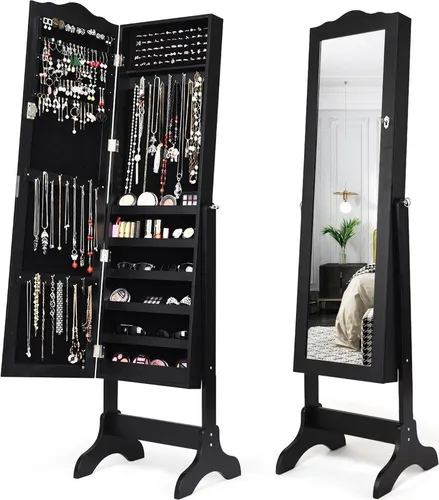 Abschließbarer Schmuckschrank mit Verstellbarem Winkel & Ganzkörperspiegel Schmuckregal Schwarz