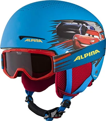 Alpina ZUPO Disney Set - Skibrille & Skihelm für Kinder, Cars, 48-52 cm - Skihelme & Snowboardhelme mit abnehmbaren Ohrenpolstern und innovativem Belüftungssystem für maximalen Komfort und Sicherheit beim Skifahren.