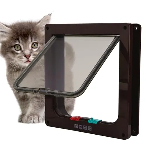 TKOOFN Klassische Katzenklappe Hundeklappe - 4 Wege Verschluss Katzentür Katzenklappe Haustier Tür Freilauftür für Katze, Kätzchen, kleinen Hund (Braun, S - 19 x 19.8 x 1.9cm)