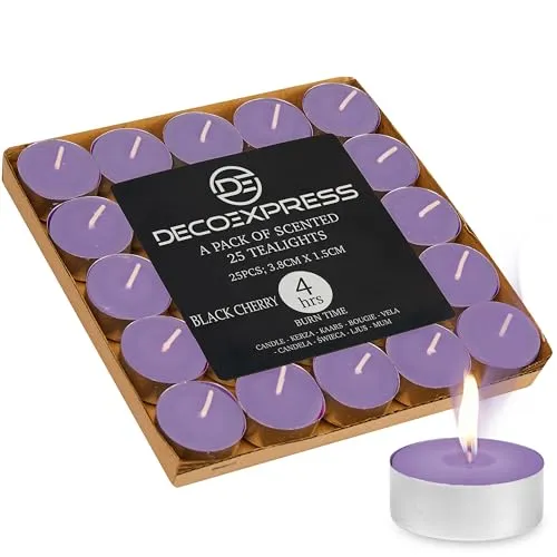 DECO EXPRESS Teelichter Großpackung, 24, 25, 50, 100 oder 200 Teelichter Lange Brenndauer 4, 8 oder 10 Stunden (Black Cherry 25/4 Stunden)