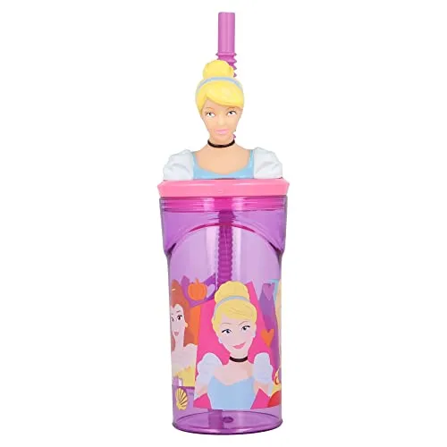 Wiederverwendbarer Kinderbecher mit Strohhalm und Deckel mit 3D-Figur und 360 ml Fassungsvermögen |Disney Princesses