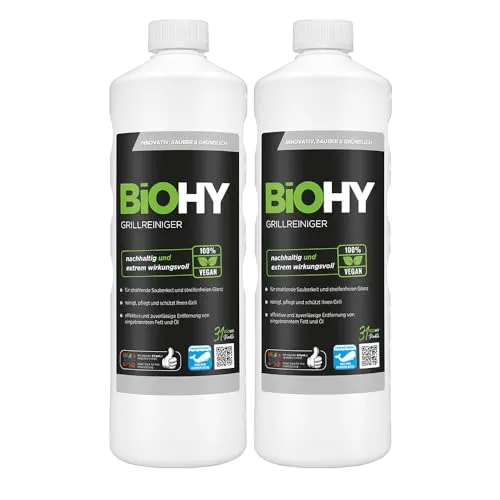 BiOHY Grillreiniger (2 x 1 liter) | Reiniger für Holzkohle-, Gas- und Elektrogrill | Hocheffektiv gegen angebranntes Fett und Öl | Pflegt und schont das Material | Veganes Bio Konzentrat