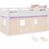 Homestyle4u Hochbett 90x200 Lila - Betten für Kinder mit stabilem Rausfallschutz und gemütlichem Vorhang, ideal für sicheres Schlafen und Spielen im Kinderzimmer.