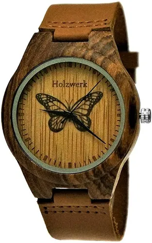 Holzwerk MONARCH Damen Quarzuhr - Armbanduhren mit elegantem Schmetterling-Muster, robustem Holzgehäuse und braunem Echtlederarmband – perfekt für jeden Anlass!